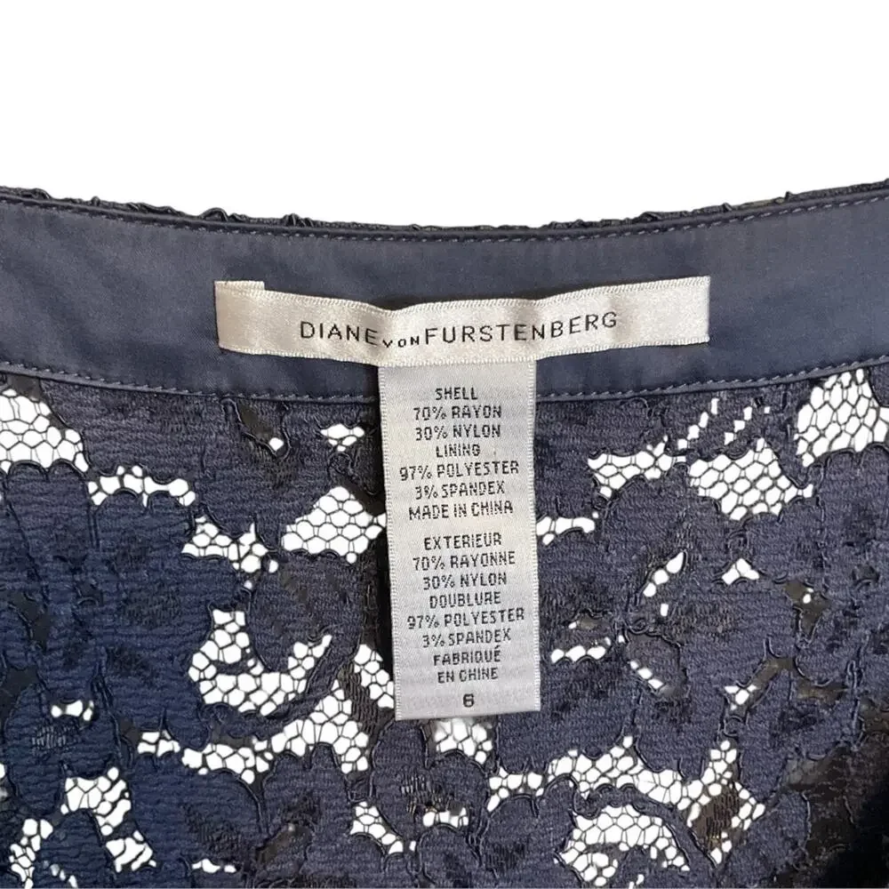 Diane Von Furstenberg Navy Blue Lace Blouse Women's Sz 6 Scallop‎ Hem 3/4 Sleeve - Picture 4 of 8